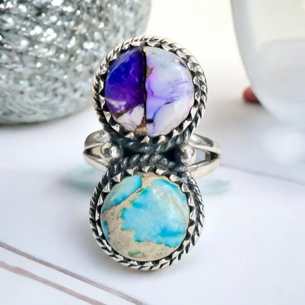 Ice Blue & Purple Dahlia Mohave Turquoise Ring (5.75)